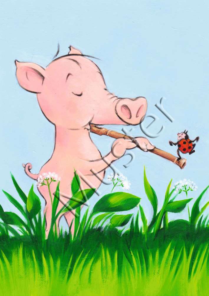 Postcard piggy with recorder and lucky beetle