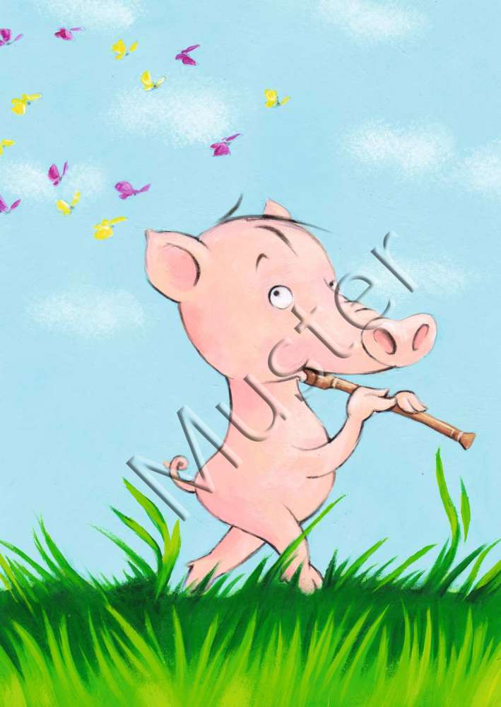 Postcard piggy with recorder and butterflies